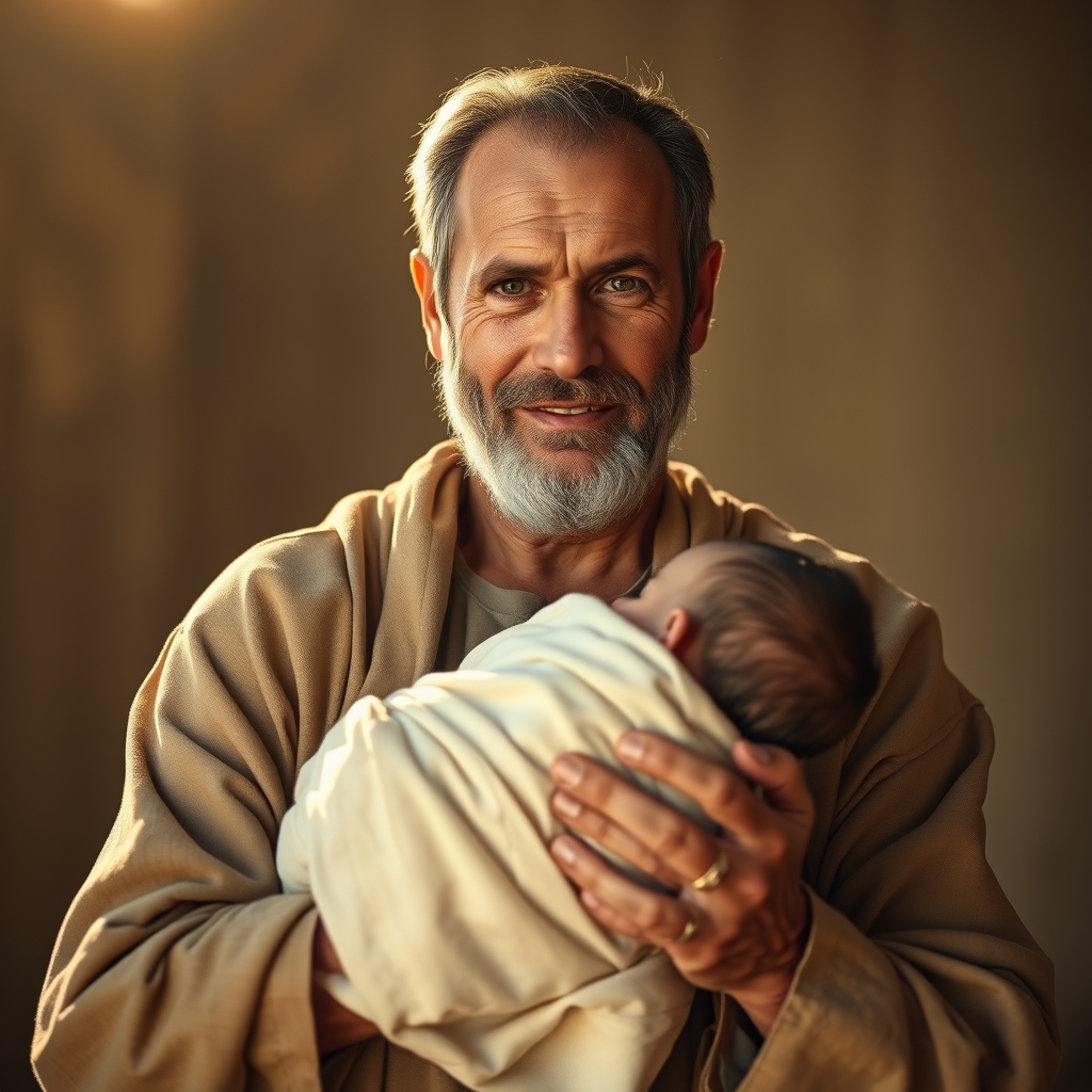 A photorealistic portrait of a man tenderly holding an infant, bathed in warm golden light, symbolizing the earthly fatherly role of Joseph toward Jesus.