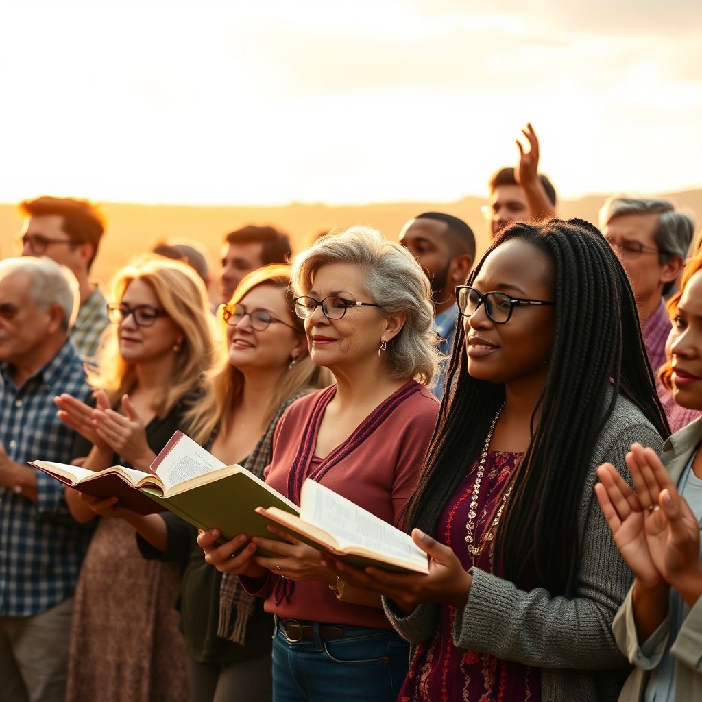 A photorealistic portrait of Christian believers gathered in an outdoor worship setting during golden hour, expressing reverence and open Bibles, symbolizing a shared faith journey.