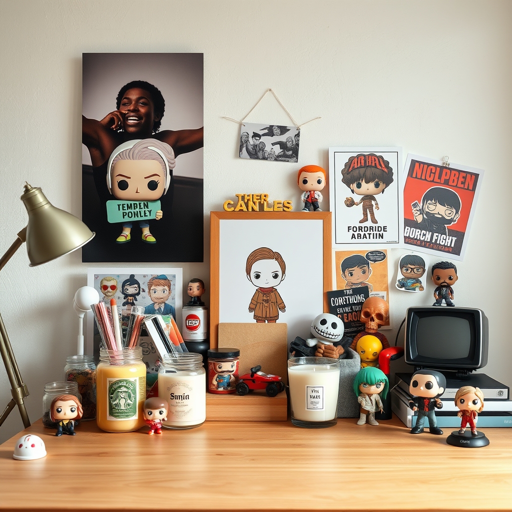 A photorealistic product photography shot of quirky collector's items including novelty candles, figurines, and pop culture posters on a wooden desk — illustrating the appeal of Obi-Wan Jesus meme merchandise.