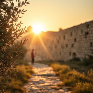 A photorealistic, professional photograph capturing the tender beauty of Jerusalem at sunrise, bathed in warm golden light, evoking Jesus' lament and unfailing love over the city, with olive branches in soft focus