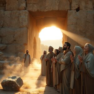 A photorealistic scene of an ancient stone tomb in the Judean countryside at golden hour, with a diverse group of robed Middle Eastern men and women standing in reverent awe at the entrance, conveying the moment of Jesus raising Lazarus from the dead as described in John 11.