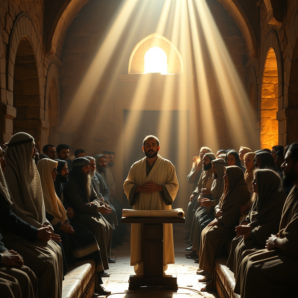 A photorealistic scene of Jesus standing in an ancient synagogue on the Sabbath, reading from a scroll of Isaiah as a diverse congregation listens with reverence and awe, warm golden light illuminating the sacred moment.