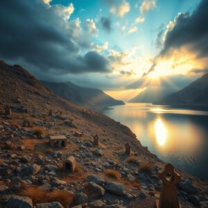 A photorealistic serene lakeside landscape at dawn near Gerasa, with ancient rocky hillside terrain featuring stone tombs in the foreground and calming water reflecting golden sunrise light, conveying themes of darkness overcome by divine breaking light