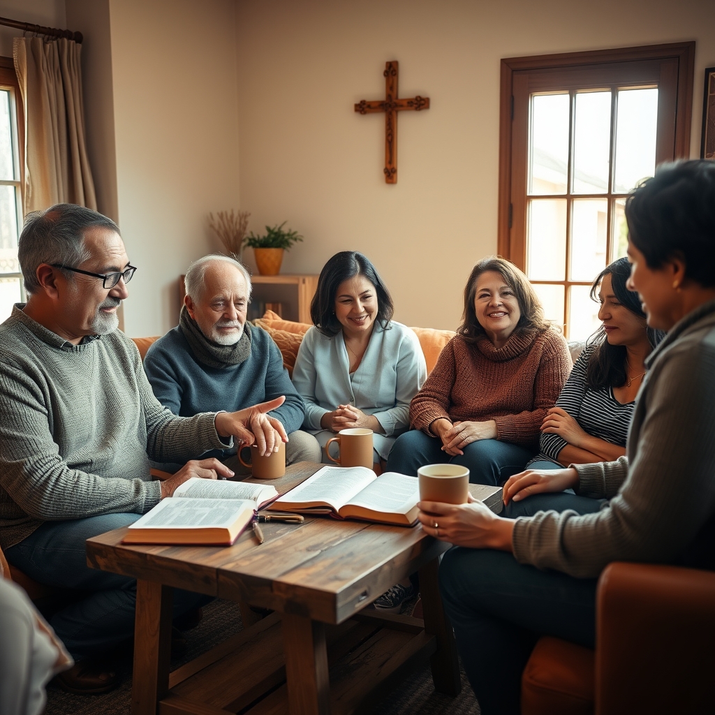 A photorealistic warm-toned interior image of a diverse small-group Bible study in a comfortable living room with open Bibles on a coffee table, people listening and discussing with genuine expressions of compassion.