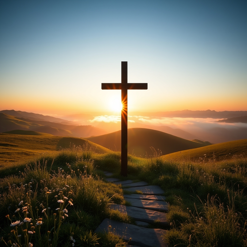 A powerful sunrise over green hills with a wooden cross silhouetted against the golden sky, symbolizing Christ's ultimate triumph over death and hell.