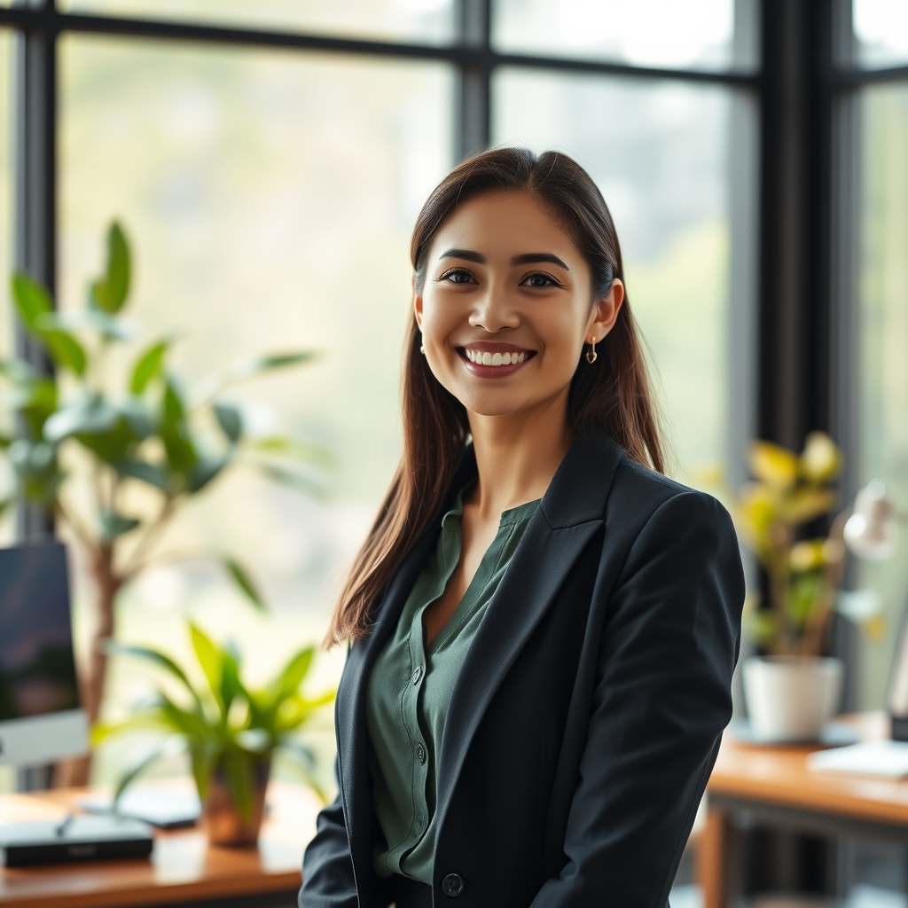 A professional headshot-like image of a serene woman exuding joy and faith in a well-lit business environment, symbolizing the inner transformation that occurs when born of the spirit.