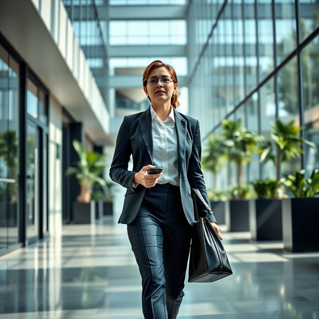 A professional walking confidently through a sunlit modern atrium, symbolizing purposeful living guided by the mind of Christ.