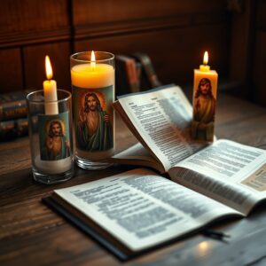 A professionally styled photograph contrasting a traditional glowing prayer candle of Jesus Christ with a fading pop-culture Obi-Wan Jesus candle, separated by an open Bible on a wooden desk.