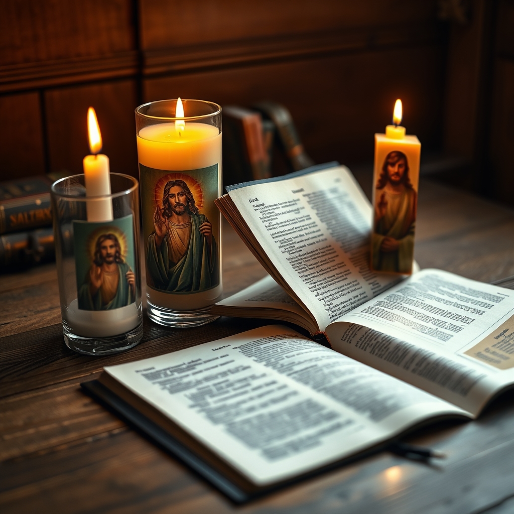 A professionally styled photograph contrasting a traditional glowing prayer candle of Jesus Christ with a fading pop-culture Obi-Wan Jesus candle, separated by an open Bible on a wooden desk.