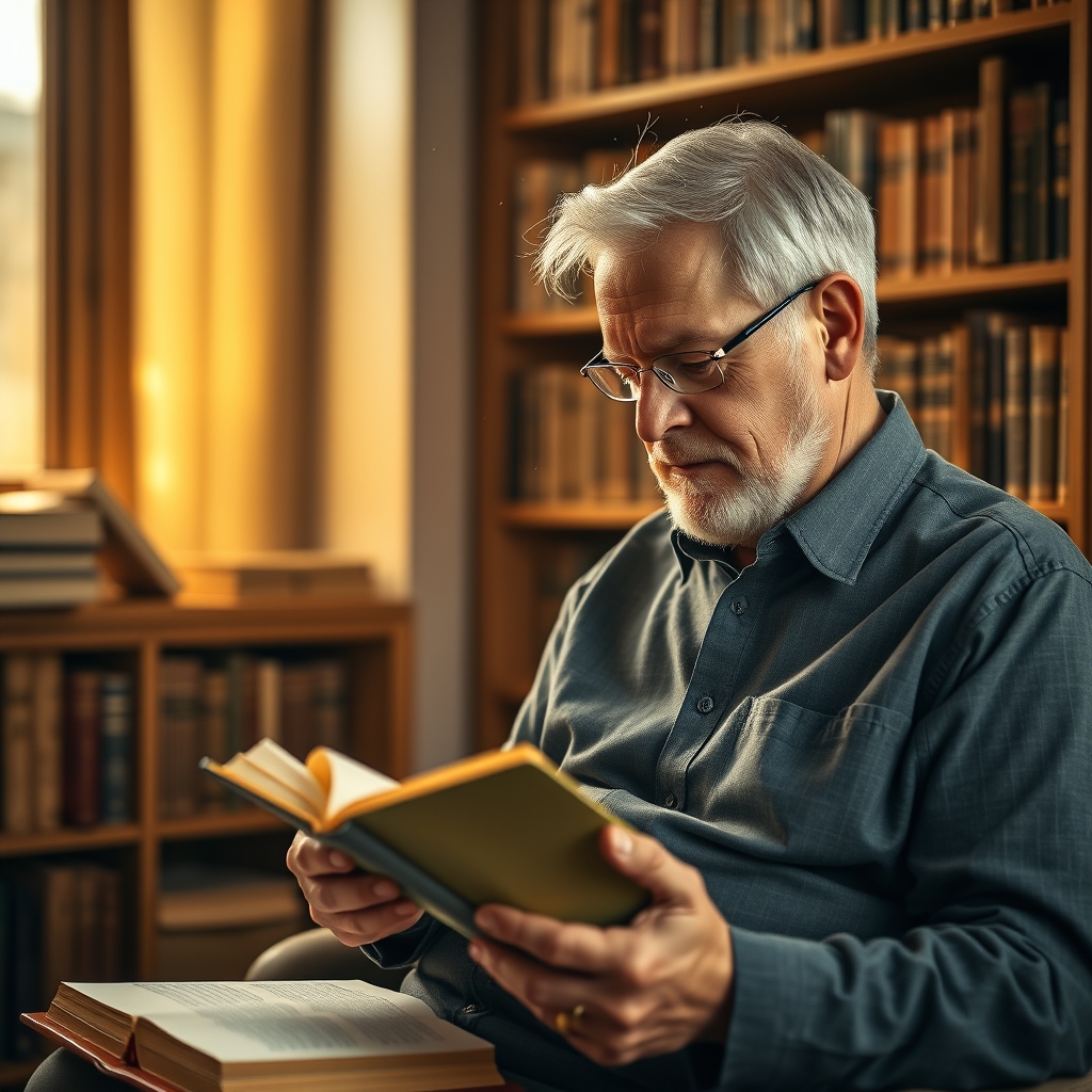 A reverent Christian man in a warmly lit study holding an open Bible, surrounded by theological books and a wooden cross, conveying pastoral wisdom and deep faith.