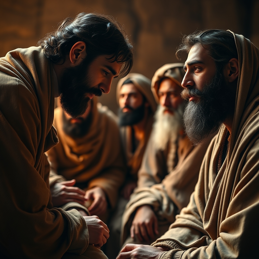 A reverent close-up of a bearded man in historical robes leaning toward a small group of men in warm intimate lighting, symbolizing Jesus breathing the Holy Spirit onto the disciples.