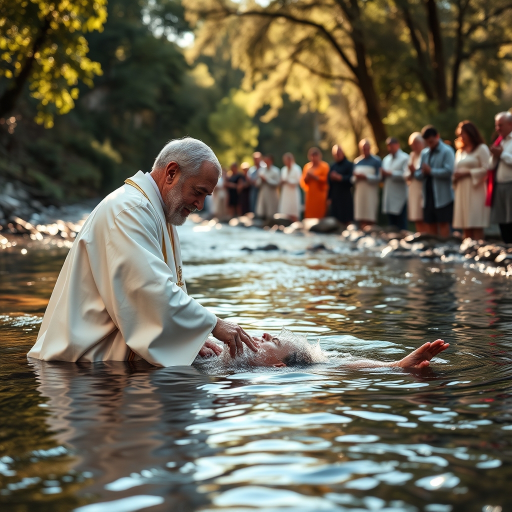 A reverent, photorealistic photograph of a Christian river baptism ceremony where a minister immerses a believer in water, illustrating the concept of 'born of water' and its connection to baptism.