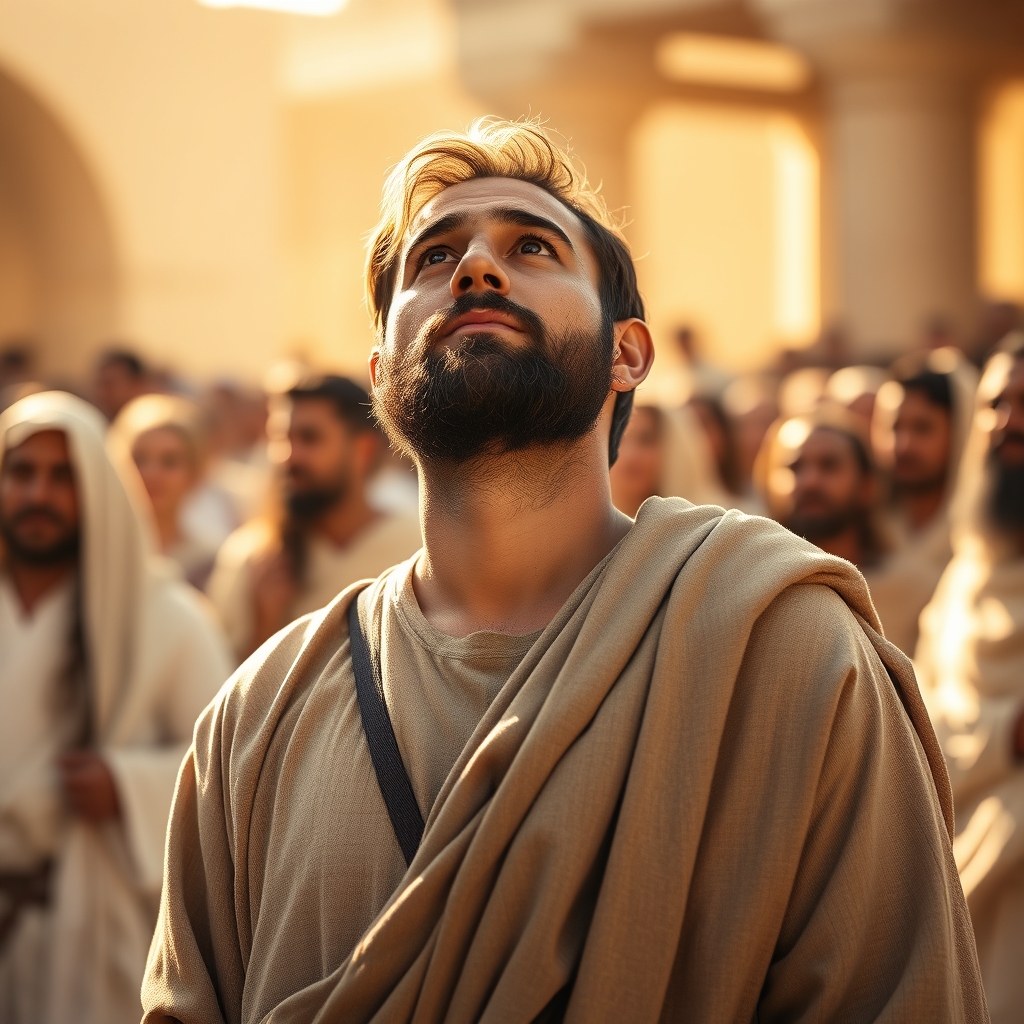 A reverent, photorealistic photograph of a humble, bearded man in a sunlit Mediterranean setting gazing upward in a moment of spiritual longing.