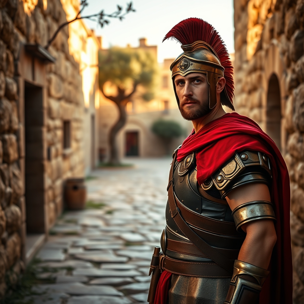 A Roman centurion in full armor standing humbly at a stone courtyard entrance in ancient Capernaum during golden-hour sunlight.