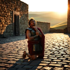 A Roman centurion kneels in prayer outside a stone house at sunset, symbolizing humble faith and divine hope in a photorealistic, cinematic scene.