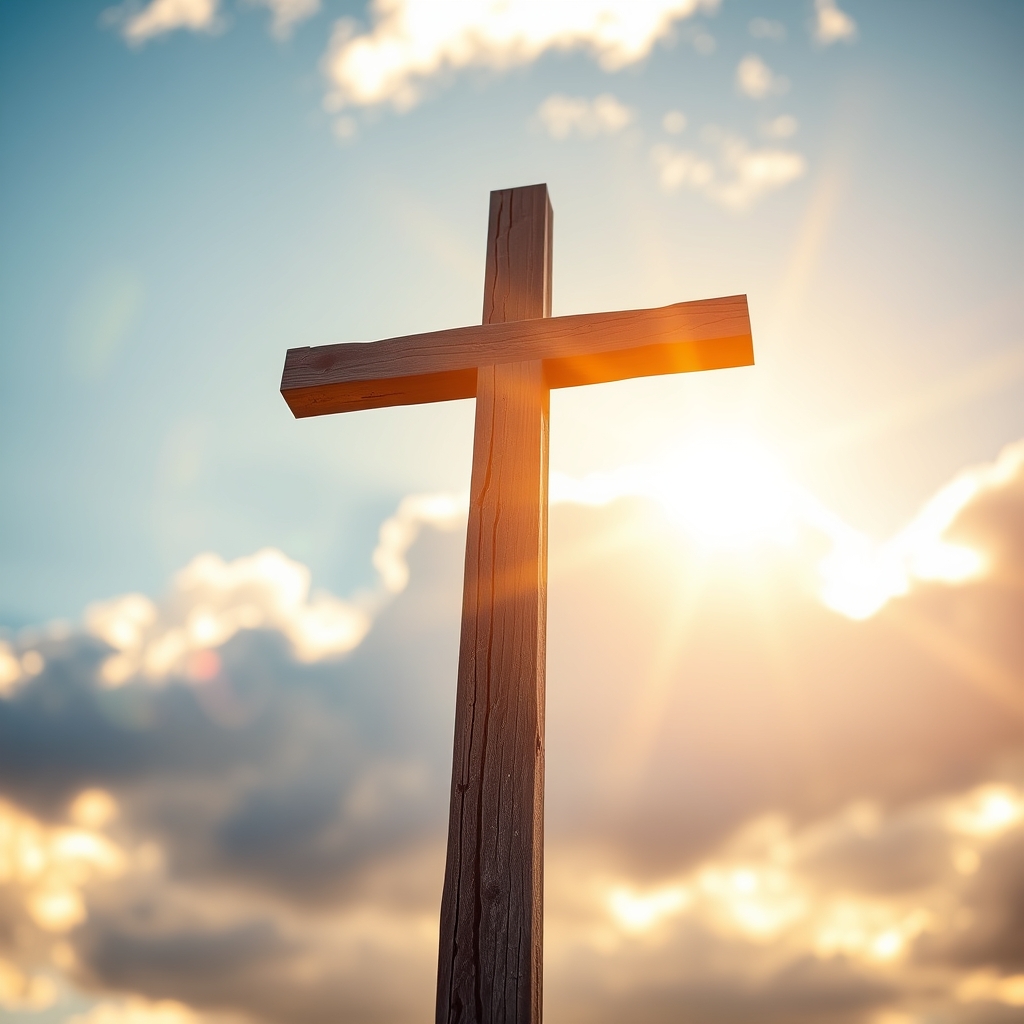 A rustic wooden cross illuminated by warm golden sunlight pouring through dramatic clouds
