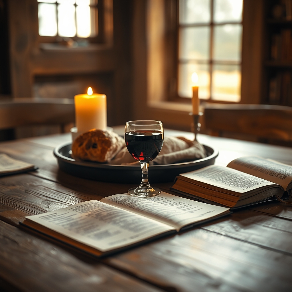 A rustic wooden table with bread, a cup of wine, a candle, and an open Bible, softly lit in warm golden light