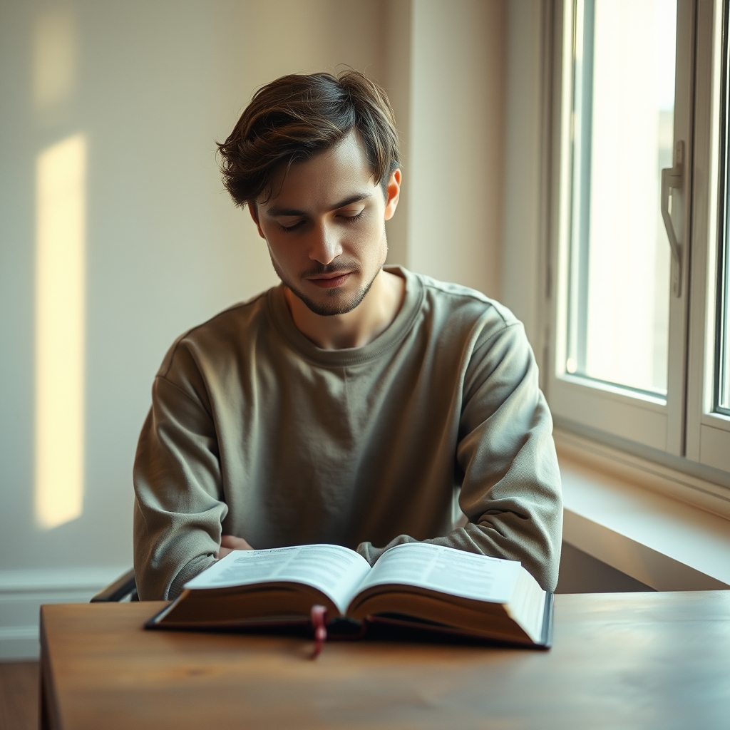 A serene person sits near a window with an open Bible on a wooden surface in warm natural light, representing contemplation and the characteristics of the mind of Christ.