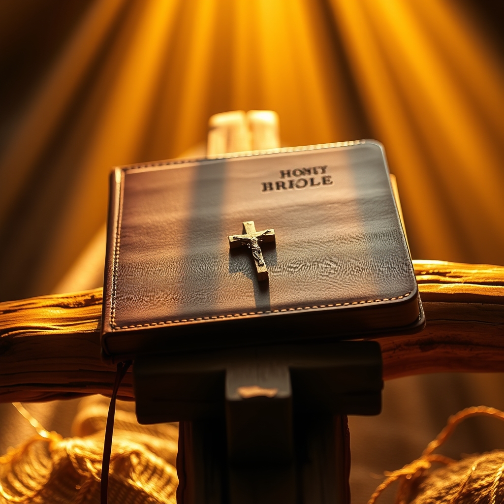 A serene, photorealistic photograph of a beautifully bound Bible resting on a rustic wooden cross, bathed in warm golden sunlight streaming from the upper left, soft rays gently illuminating the holy text and cross, shallow depth of field, rich earth tones and inviting atmosphere, captured in the style of high-end inspirational commercial photography.
