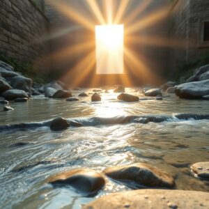 A serene, sacred-looking river of clear water flowing over ancient stones in golden light, evoking the 'living water' from John 7:37-39, with a reverent and peaceful atmosphere.