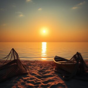 A serene sunrise over a calm lake with golden light reflecting on the water, weathered fishing nets on the sandy shore, small wooden boats, evoking the moment Jesus called his first disciples.