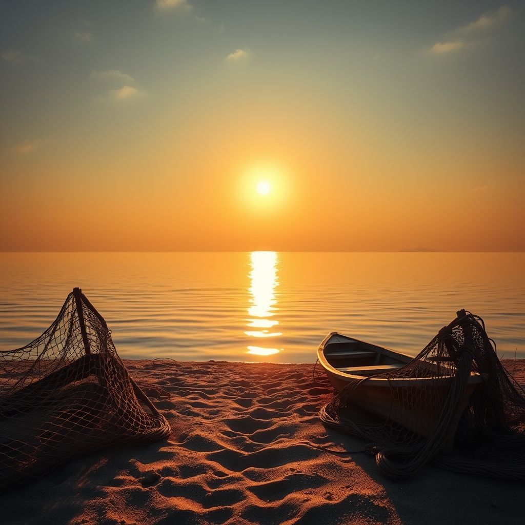 A serene sunrise over a calm lake with golden light reflecting on the water, weathered fishing nets on the sandy shore, small wooden boats, evoking the moment Jesus called his first disciples.