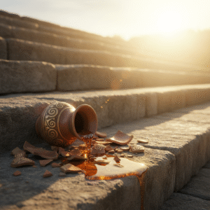 A shattered clay jar of expensive perfume spilled on ancient stone steps in warm golden light, symbolizing Mary's anointing of Jesus.