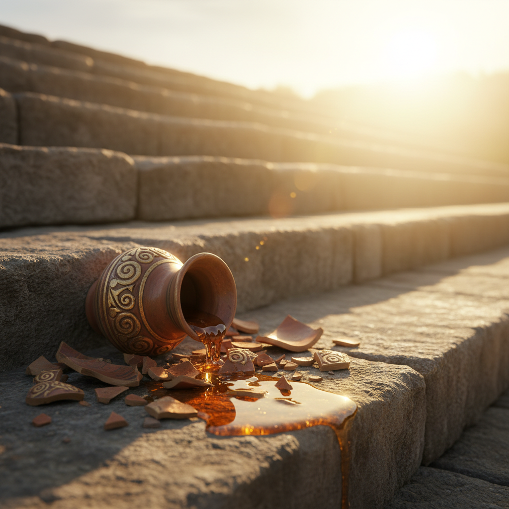 A shattered clay jar of expensive perfume spilled on ancient stone steps in warm golden light, symbolizing Mary's anointing of Jesus.