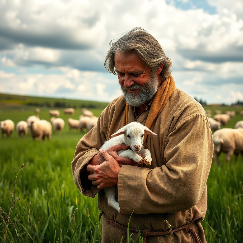 A shepherd gently holding a lamb in a green pasture with a flock of sheep in the background, illustrating the meaning of Jesus' command to feed and tend His sheep.