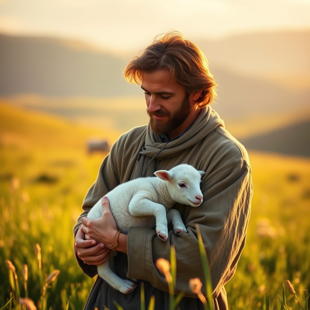 A shepherd holding a small lamb in a sunlit green meadow during golden hour