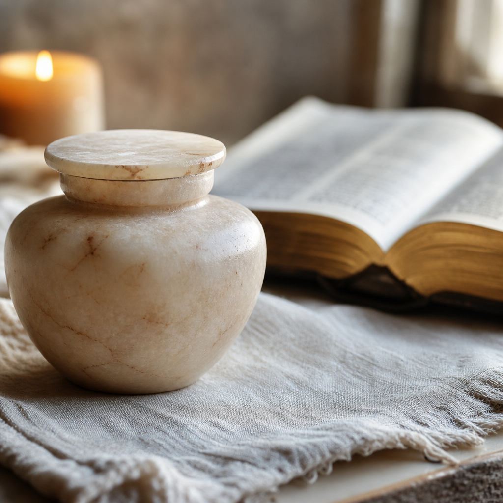 A small alabaster-style jar resting beside an open Bible on a linen cloth.