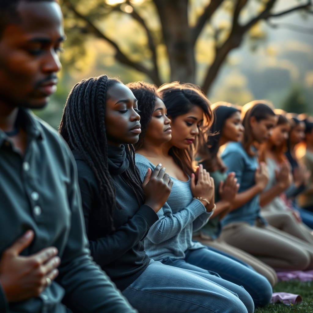 A small group of contemporary Christians kneeling peacefully in prayer in a sunlit garden setting morning.