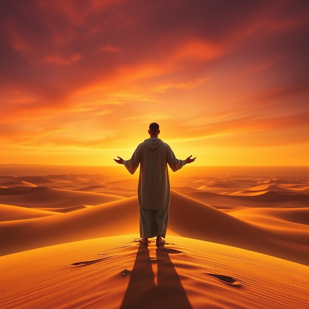 A solitary figure in robes stands at the edge of a sunlit desert at golden hour, arms open in surrender, facing the wilderness ahead under a dramatic sky—symbolizing Jesus led by the Holy Spirit into the wilderness.