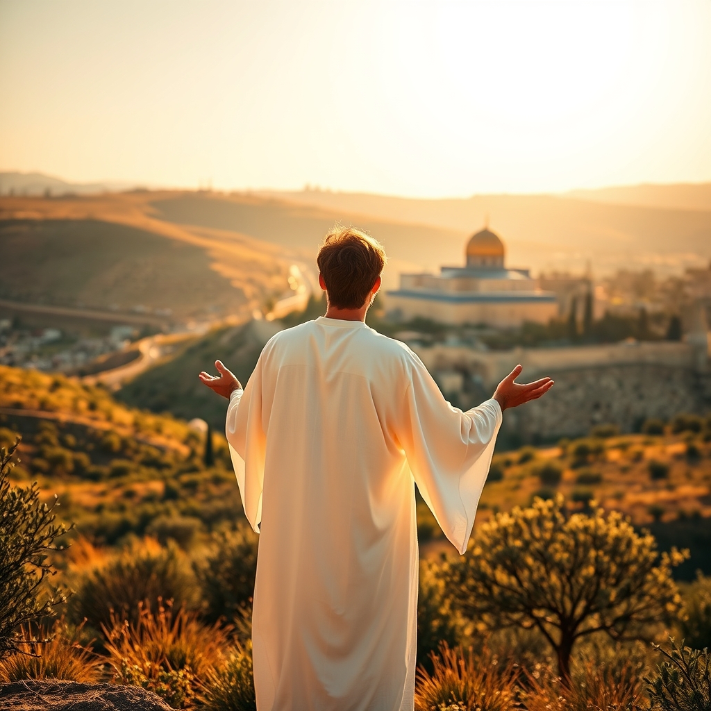A solitary figure in white standing with arms outstretched overlooking a golden ancient stone city under warm sunlight