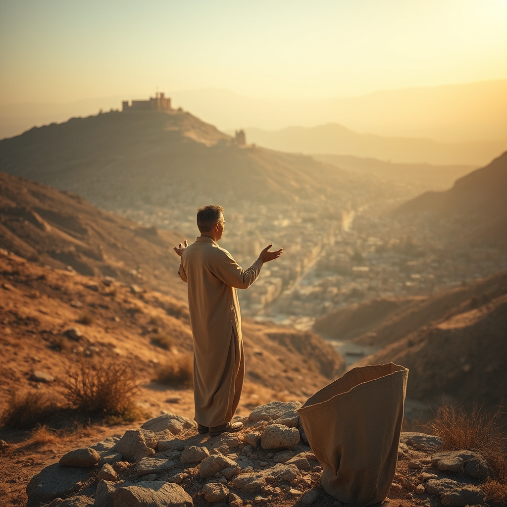 A solitary figure standing on a hillside overlooking an ancient stone city at sunset, expressing compassion and contemplation.