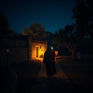 A solitary robed figure walks at night toward a warmly lit dwelling, carrying an oil lamp along a stone path under a starlit sky, evoking the biblical encounter between Nicodemus and Jesus.