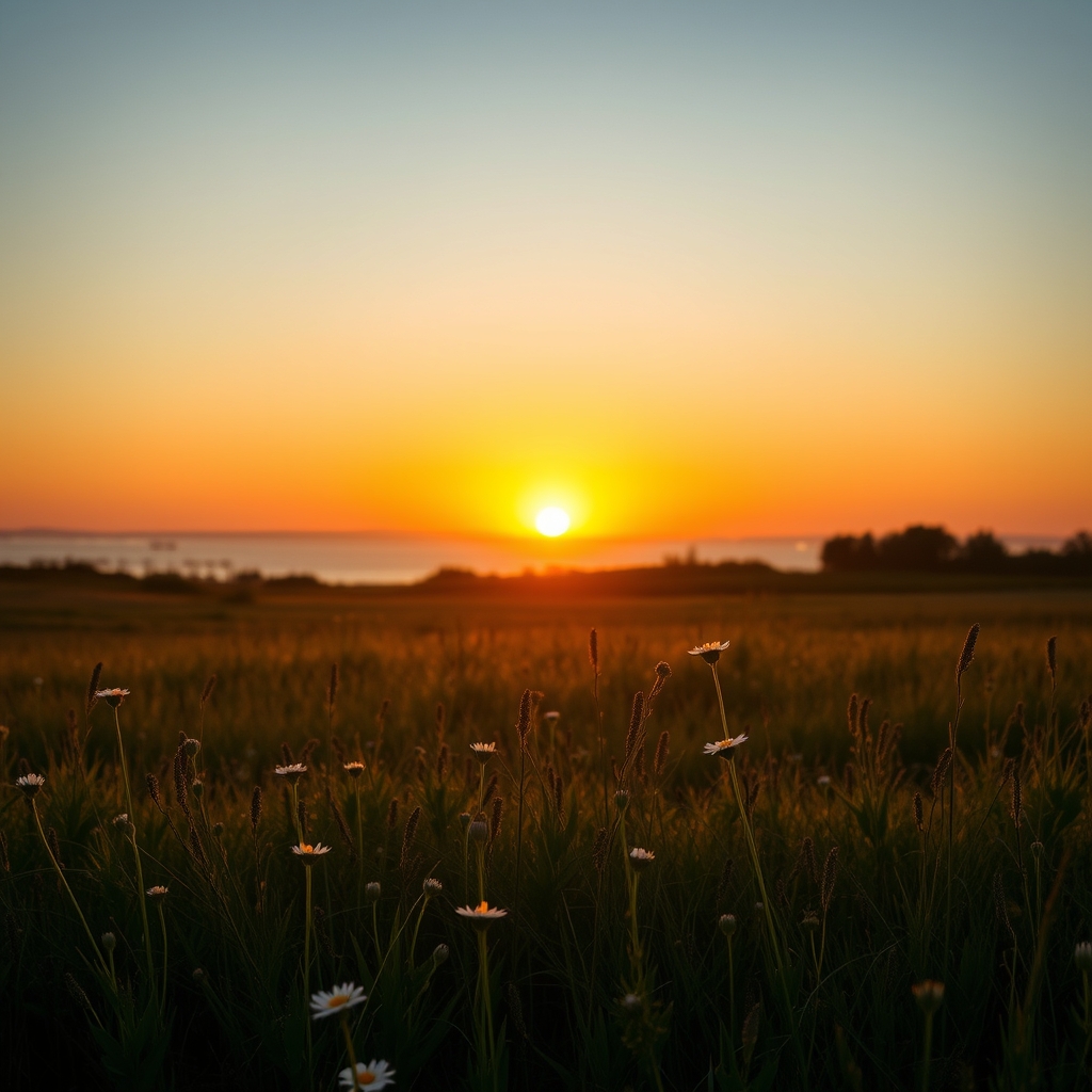 A sunrise over a quiet field with wildflowers in the foreground, symbolizing the resurrection hope in John 11.