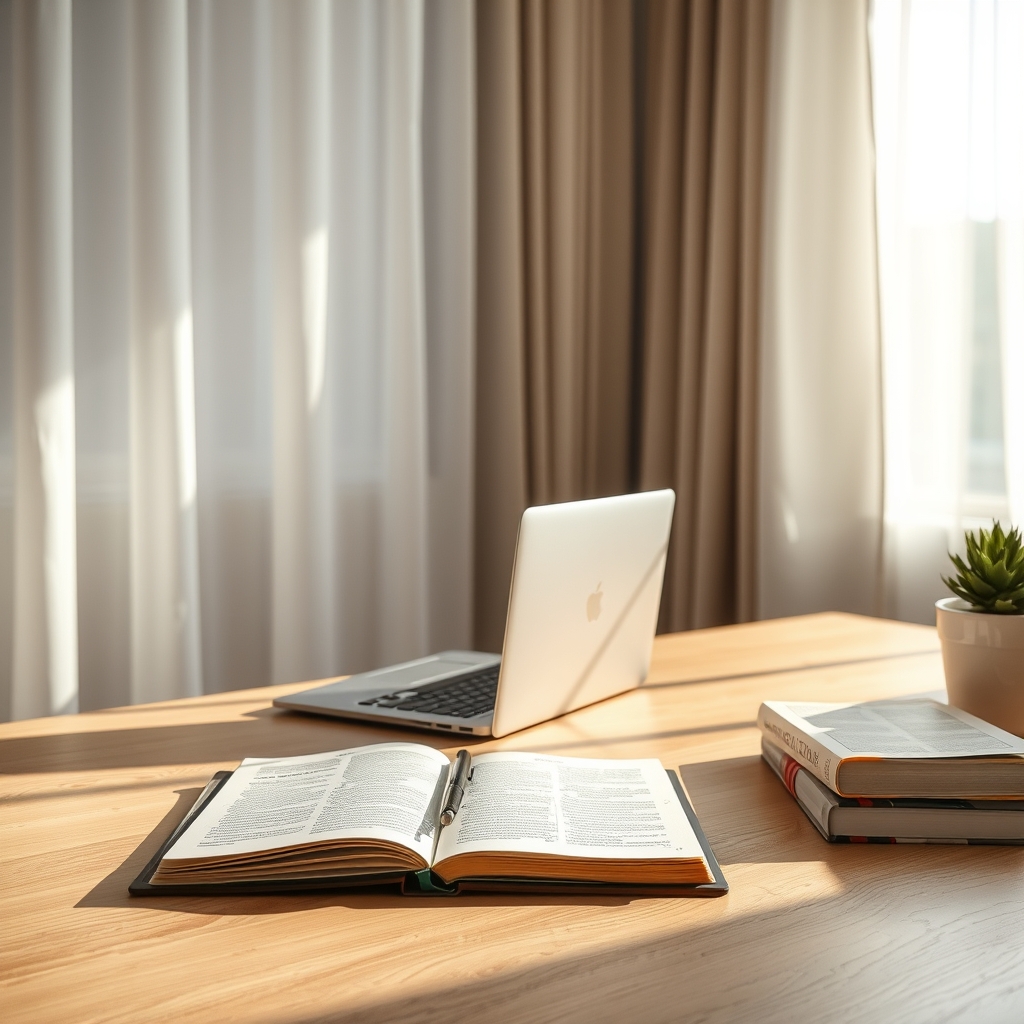 A tidy home office desk with a journal, laptop, and devotional book bathed in morning light, symbolizing habits and disciplines that help cultivate the mind of Christ.