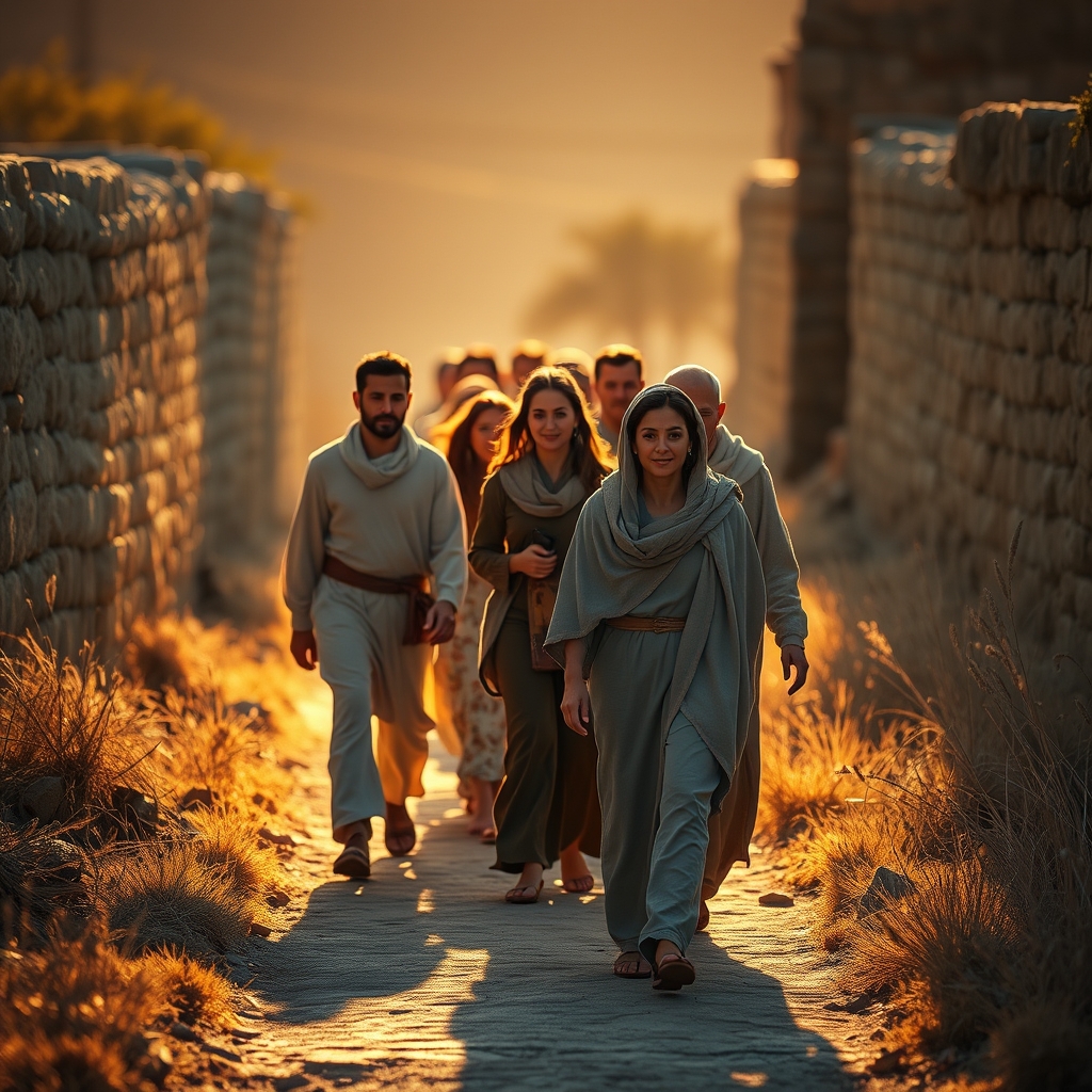 A warm, diverse group walking together on a narrow, golden-hour path symbolizes discipleship, shared faith, and trust in Christ.