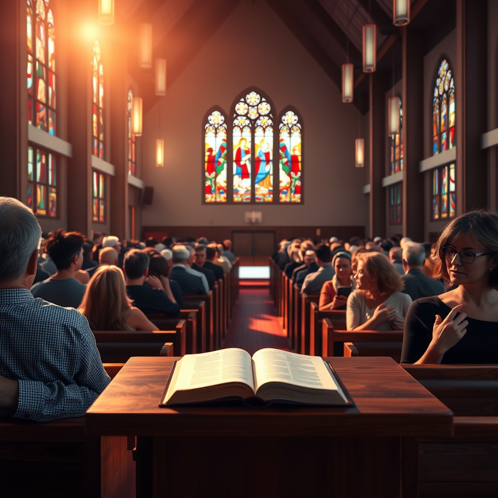 A warm interior of a church with gentle light from stained glass windows and attentive multicultural congregation during a worship service.
