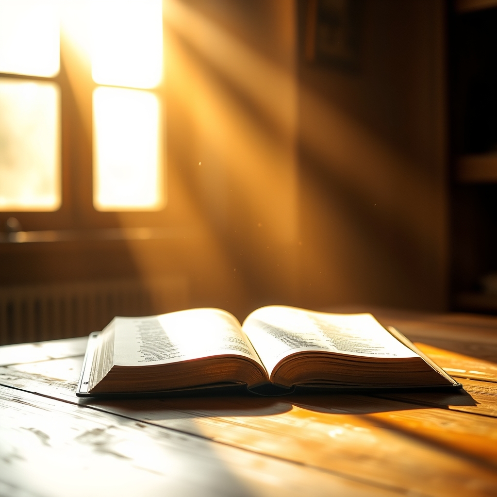 A warm sunbeam illuminates an open Bible on a wooden table, symbolizing spiritual light and divine love.