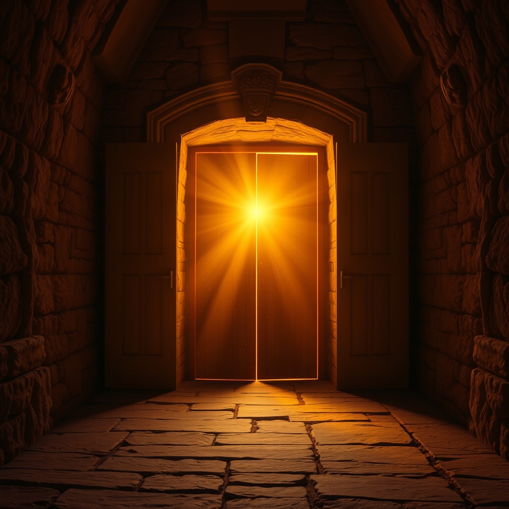 A warmly lit ancient stone closed room with golden light coming from behind wooden doors, representing Jesus appearing to His disciples after the resurrection.