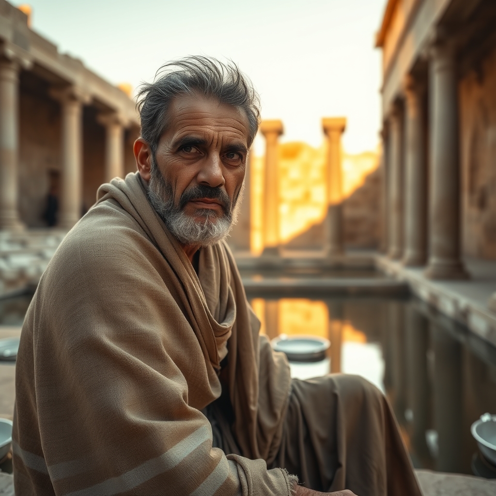 A weary Middle Eastern man sits outside ancient stone pools at golden hour, symbolizing the man waiting for healing at the Pool of Bethesda