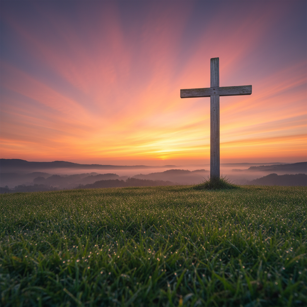 A weathered wooden cross silhouetted against a vibrant sunrise sky on a green hilltop, symbolizing hope and new beginnings.