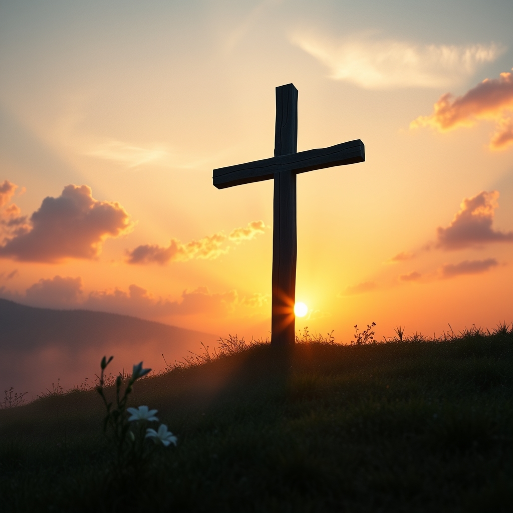 A weathered wooden wooden wooden cross silhouetted against a radiant sunrise sky above a quiet garden with blooming lilies and morning mist.