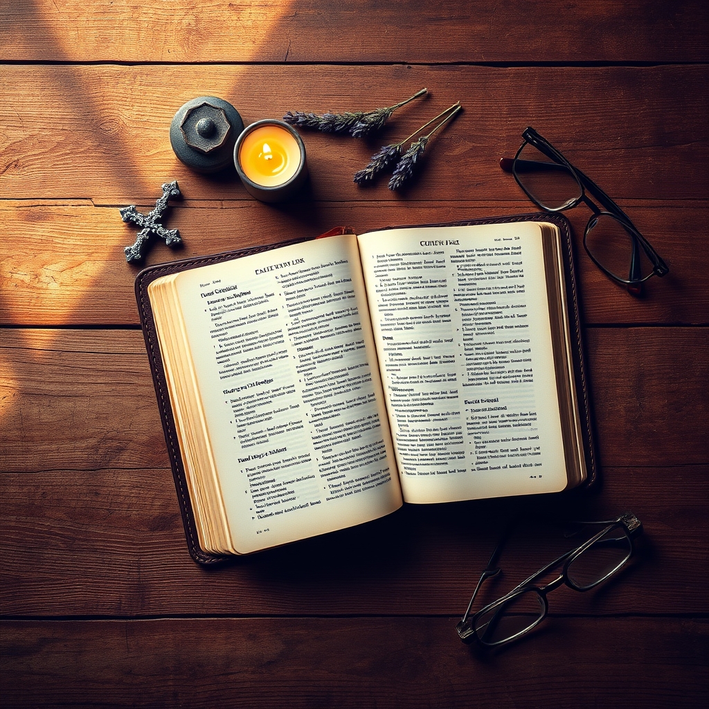 A well-worn open Bible on a rustic wooden table with a small cross, lit candle, lavender branch, sub-merged pages, and warm light.