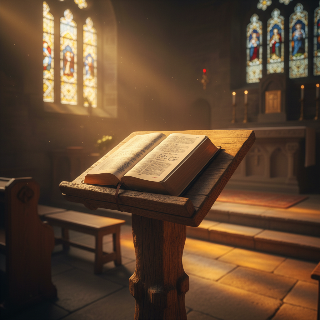 A well-worn open Bible resting on a rustic wooden lectern, bathed in warm golden morning light inside a peaceful chapel.