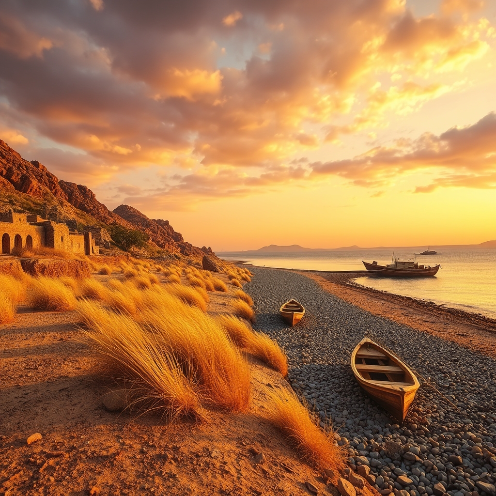 A wide-angle photorealistic golden-hour landscape of a rocky Mediterranean shoreline with ancient stone ruins set into a hillside, evoking the region of Gerasa near the Sea of Galilee with a dramatic amber sky reflected in calm water.