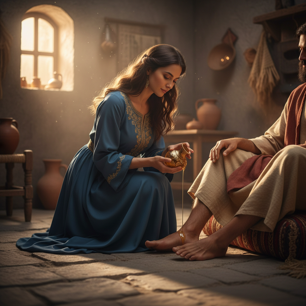 A woman in a modest dress kneeling and pouring fragrant oil onto the feet of a seated man in a warmly lit, rustic room, capturing a moment of intimate worship.