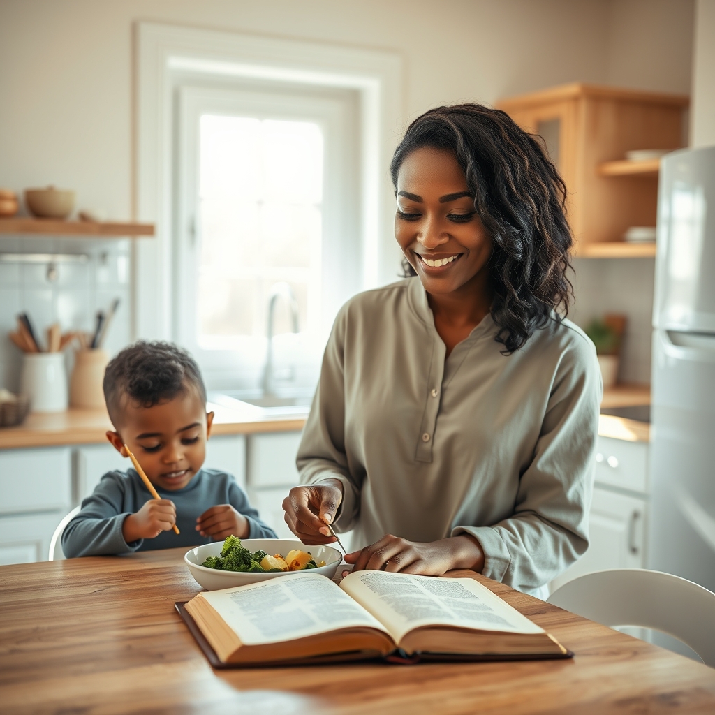 A woman in her mid-thirties preparing a meal in a sunlit modern kitchen with an open Bible on the counter and her child drawing nearby, portraying faith lived out in the rhythms of daily life.